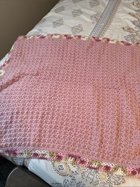 Handmade Pink Crochet Throw Blanket with Multicolor Trim